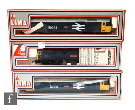 Three OO gauge Lima diesel locomotives, 205142 Class 50 BR 'Eagle', 205125 Class 87 BR 'City of London', and another Lima 205