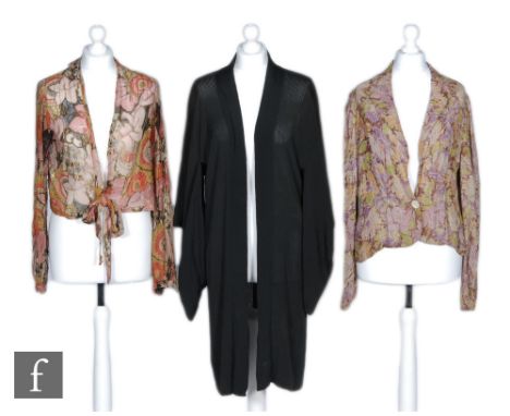 Three 1920s/30s ladies garments comprising 1920s black silk crepe kimono, a 1920s chiffon wrap jacket with lamé floral decora