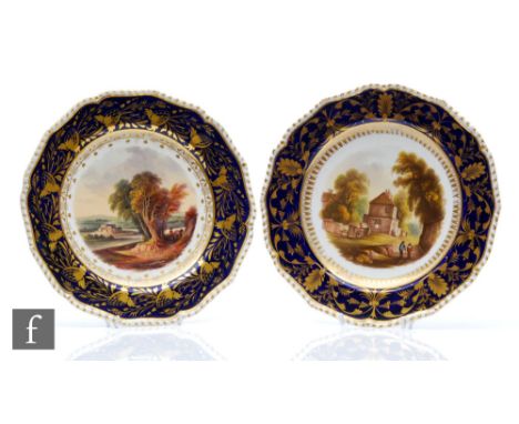 Two early 19th Century Bloor Derby cabinet plates, the first decorated with a scene titled Smithy Houses Derbyshire, the seco