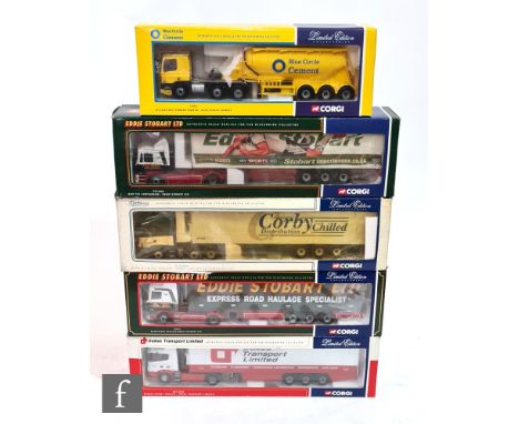 Five Corgi 1:50 scale diecast models, CC13401 Eddie Stobart MAN TGA Curtainside, CC12216 Corby Chilled Distribution Scania Fr