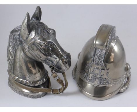 LONDON FIRE BRIGADE NOVELTY HELMET INKWELL, LION PEN STAND AND A NOVELTY LIGHTER IN THE FORM OF A HORSES HEAD