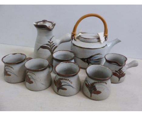 DAVID LEACH OBE (1911-2005) PART HAND THROWN STUDIO POTTERY TEA SET, LOWERDOWN POTTERY, COMPRISING TEAPOT WITH CANE HOOP HAND