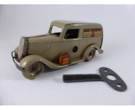 TRIANG MINIC, SMALL SCALE CLOCKWORK TINPLATE MINIC TRANSPORT EXPRESS DELIVERY VAN WITH SHELL PETROL CAN, WITH KEY, WHITE TYRE