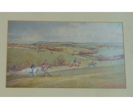 ROBIN FURNESS (b  1933) FRAMED WATERCOLOUR OF HORSES AND HUNTING SCENE APPROX. 9 INS X 5.5 INS