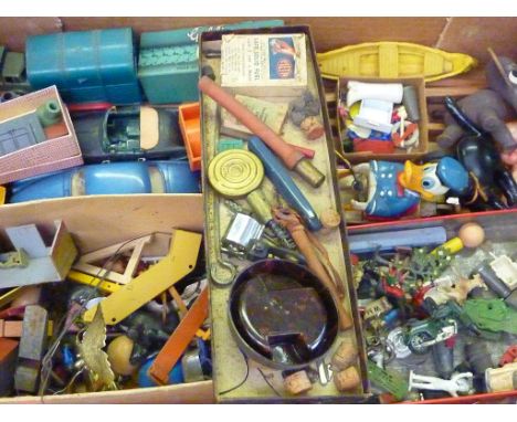 TINPLATE &amp; WOODEN TOYS, A CURIOS SPARES, REPAIR SUNDRIES BOX T/W 3 VARIOUS SCALE TINPLATE TRAILERS