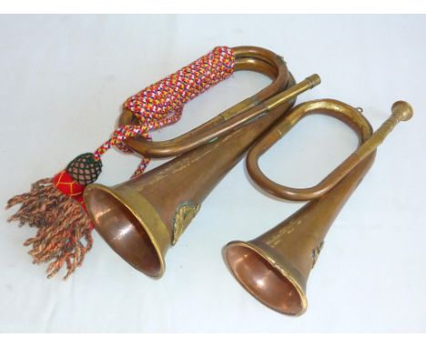 MILITARIA , A 10 BRASS BUGLE WITH A WESTERN AUSTRALIA UNIVERSITY REGIMENT BADGE &amp; ANOTHER BUGLE