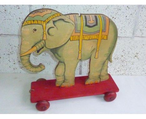 CHAD VALLEY OLD PLYWOOD PULL ALONG ELEPHANT, SUNDRY WOODEN TOYS, SPINNING TOPS, 2 BOXED PUPPETS, KAY CONJURING TRICKS IN ORIG