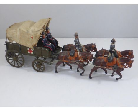 BRITAINS ARMY MEDICAL CORPS CANVAS COVERED WAGON, 4 HORSE AND MISC. PERSONNEL