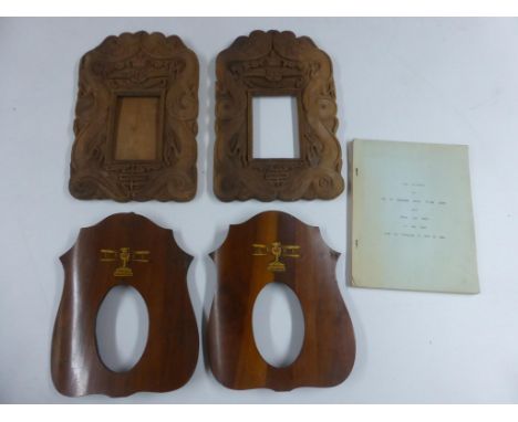 PR. HARDWOOD FRAMES FORMED FROM SECTIONS OF PROPELLER BLADES, PR. CARVED WOODEN RFC FRAMES AND AN INTERESTING MANUSCRIPT RELA