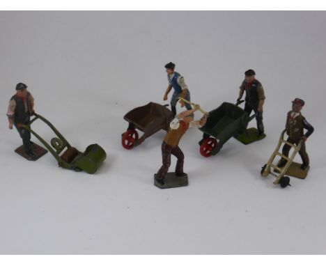 BRITAINS LEAD FIGURES INC. 2 GARDENERS WITH WHEELBARROWS, GARDENER WITH LAWN MOWER, MAN WITH PICK AXE AND A STATION PORTER WI