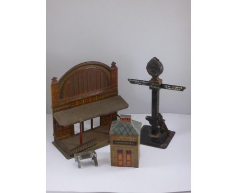 SCARCE, EARLY 20TH CENTURY, POSSIBLY MARKLIN, TIN PLATE RAILWAY 'SCENERY' COMPRISING A SIGNPOST WITH INTERCHANGEABLE SIGNS AN