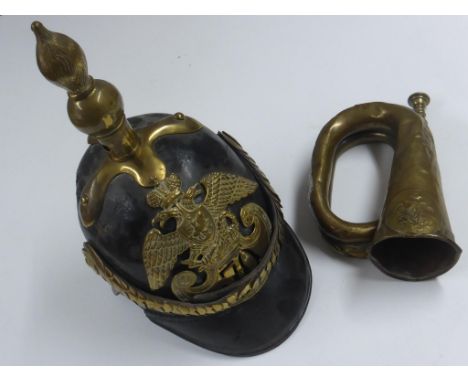 RUSSIAN CRIMEAN WAR HELMET, EAGLE HELMET PLATE AND CHIN SCALES TOGETHER WITH A RUSSIAN OFFICERS COAT ORNAMENT AND A BUGLE WIT