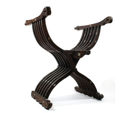 An Islamic Ottoman Hardwood and Mother of Pearl Inlaid Folding Chair from the 19th Century. Please note: Item is only availab