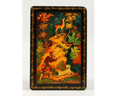 A RUSSIAN BLACK PAPIER MACHE BOX, "Deer Hunting". 6ins x 4ins.