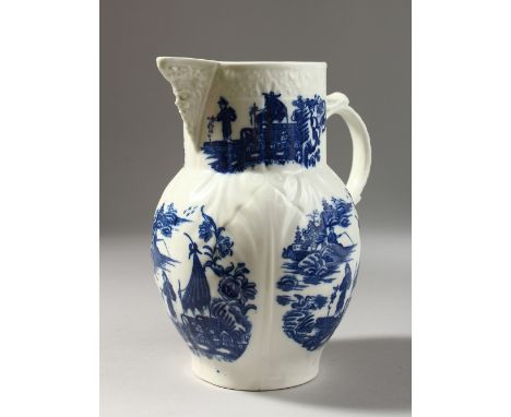 A CAUGHLEY BLUE AND WHITE JUG, of cabbage leaf shape with five scenes on it, Sx mark.