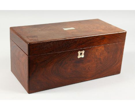 A 19TH CENTURY ROSEWOOD RECTANGULAR SHAPE TEA CADDY. 14ins wide.