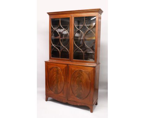 A GEORGE III DESIGN MAHOGANY CUPBOARD BOOKCASE, 19TH CENTURY, with a moulded cornice, pair of astragal glazed doors over a pa