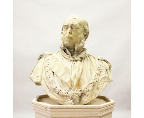 SIR JOSEPH EDGAR BOEHM R.A. (1834-1890) &lt;br&gt;AN IMPRESSIVE CARVED MARBLE BUST OF A GENTLEMAN, wearing a gown and Order o