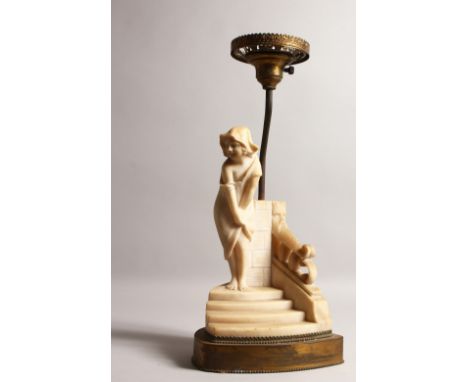 AN ALABASTER TABLE LAMP, modelled as a young girl stood on a flight of steps. 18ins high including light fitting.
