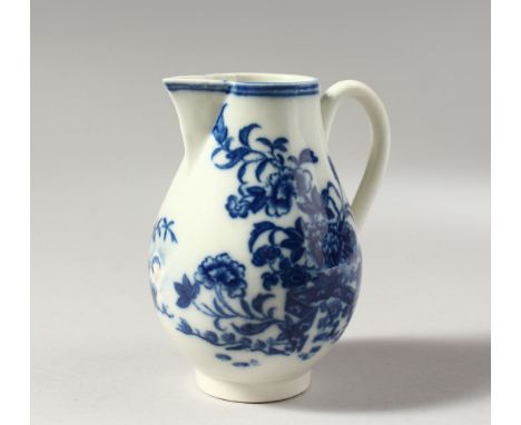 A CAUGHLEY BLUE AND WHITE SPARROW BEAK JUG, with three scenes and two flying birds, C mark.