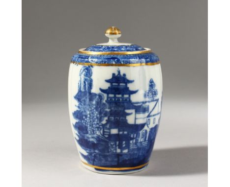 A CAUGHLEY BLUE AND WHITE TEA CANISTER AND COVER, decorated with a complex Oriental landscape, S mark to base.