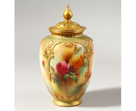 A ROYAL WORCESTER VASE AND COVER, painted with roses in Hadley style, date code for 1903, green mark and script H to base.