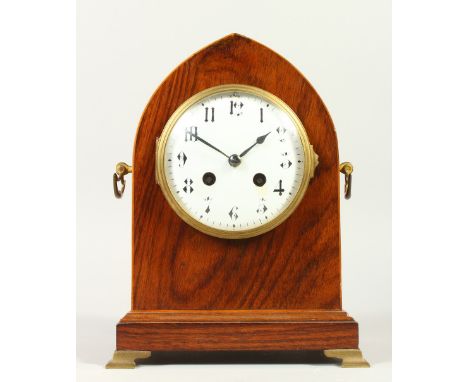 A 19TH CENTURY MAX LANCET TOP ROSEWOOD MANTLE CLOCK, the enamel dial, showing Arabic numerals, stylised Gothic design, gong s