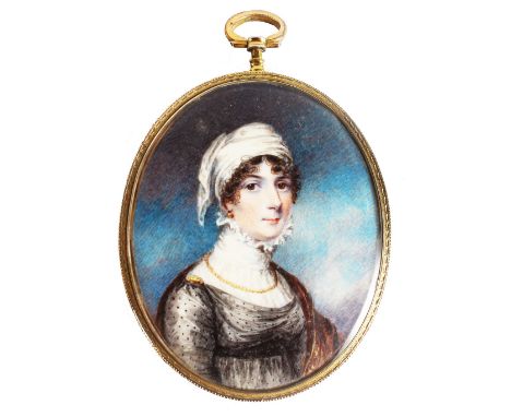 A GOOD OVAL PORTRAIT OF A LADY, wearing a white head scarf, large lace collar, a gold chain and black lace dress, signed on t