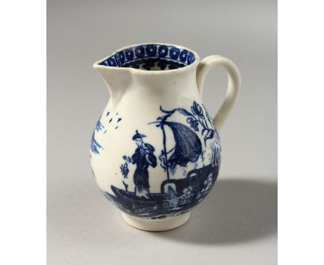 A CAUGHLEY BLUE AND WHITE SPARROW BEAK JUG, with two scenes, a man with a fish and a man fishing, no mark.