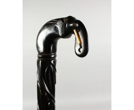 A CEYLONESE CARVED EBONY WALKING STICK, with elephant head handle. 36ins long.