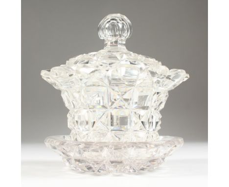 A GOOD 18TH CENTURY IRISH CRYSTAL CIRCULAR BOWL, COVER AND STAND.