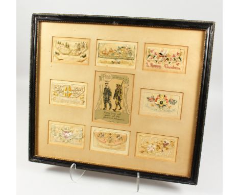 A FRAMED COLLECTION OF EIGHT FIRST WORLD WAR SILK POSTCARDS, framed and glazed.