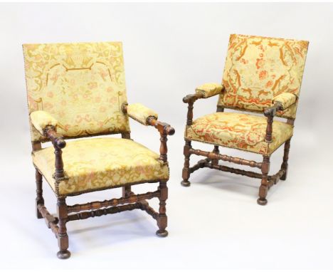 A GOOD PAIR OF 19TH CENTURY WALNUT FRAMED OPEN ARMCHAIRS, with tapestry upholstered backs, arms and seats, with turned legs u