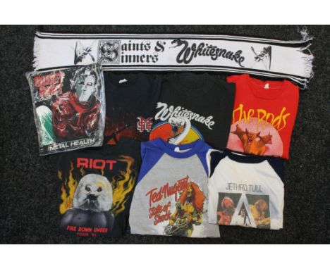 BAND T-SHIRTS & SCARF - 6 vintage metal tops to include The Rods Wild Dogs Fight to be Free 1982, Michael Schenker Group Assa