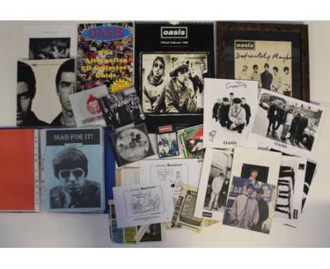 OASIS - 11 x promo b/w photos, a folder of fanzines (Wonderwall, Gin & Tonic, Mad For It, Lasagna), NME adverts and front cov