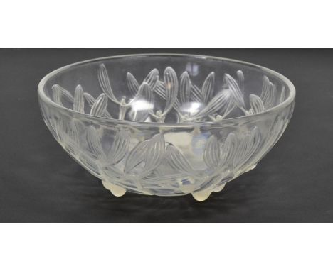 René Lalique (French, 1860-1945): An Opalescent and Frosted Gui No.2 Glass Bowl, moulded with mistletoe, wheel cut mark R LAL