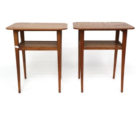 A Matched Pair of 1950s Oak Two-Tier Occasional Tables, one bearing impressed stamp for Utility Furniture, the other labelled