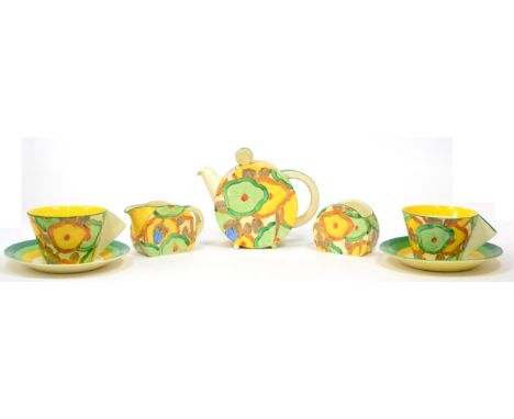 A Clarice Cliff Chintz Bonjour Tea for Two, comprising teapot and cover, two cups and saucers, milk jug and sugar bowl, print