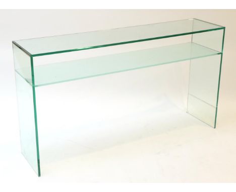 A Glass Two-Tier Console Table, modern, labelled Green Apple, with a frosted glass shelf, on square form end supports, 125cm 