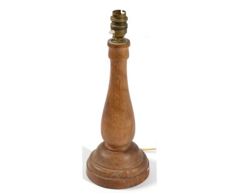 Mouseman: A Robert Thompson English Oak Table Lamp, turned baluster column on a stepped base, with recessed carved mouse sign