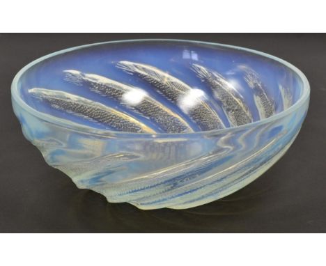 René Lalique (French, 1860-1945): An Opalescent and Clear  Glass Poissons Bowl, the underside moulded with radiating fish aro