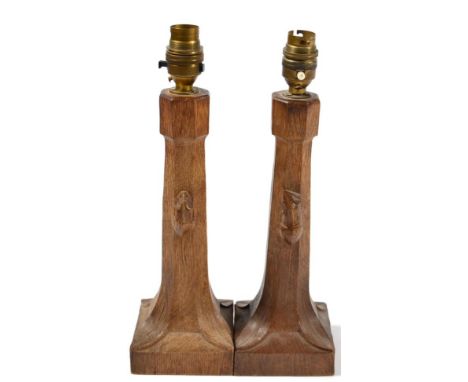 Mouseman: Two Robert Thompson English Oak Table Lamps, octagonal columns on square bases, each with carved mouse signature, 2