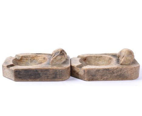 Mouseman: Two Robert Thompson English Oak Ashtray's, of standard rectangular form, each with carved mouse signature, 10.5cm