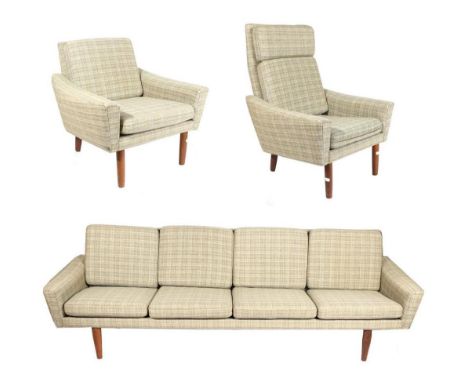 A 1960s Danish Three Piece Suite, upholstered in original grey wool, comprising a four-seater sofa with square form arms and 