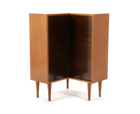 A 1970s Danish Teak Free-Standing Corner Cupboard, with double hinged concertina action door enclosing a shelf, the verso bea