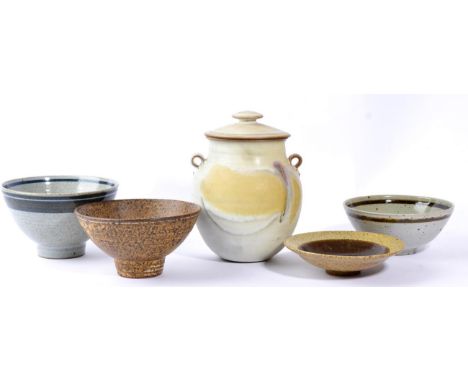 David Lloyd Jones (1928-1994): A Footed Stoneware Bowl, banded blue rim, speckled oatmeal glaze, impressed Artist's seal, 18.