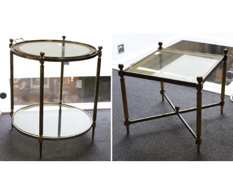 A 1970s Brass and Glass Two-Tier Circular Occasional Table, with removable tray top and reeded legs, 53cm by 61cm; and A Matc