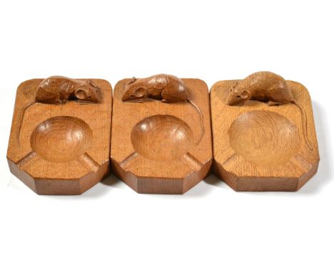 Mouseman: Three Robert Thompson English Oak Ashtrays, of standard rectangular form, each with carved mouse signature, 10cm