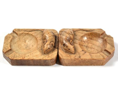 Mouseman: Two Robert Thompson English Oak Ashtrays, of standard rectangular form, each with carved mouse signature, 10cm