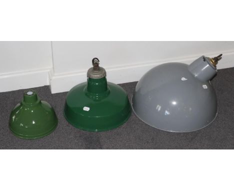Three Industrial Vintage Enamel Pendant Lamp Shades, comprising a large grey example by Benjamin Crysteel of angled form with